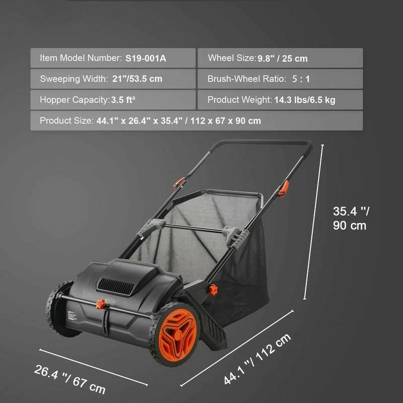 Heavy-Duty Push Lawn Sweeper – Large 3.5 cu. ft. Hopper