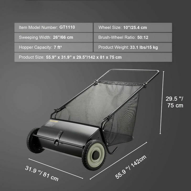 Heavy-Duty Push Lawn Sweeper – Large 3.5 cu. ft. Hopper